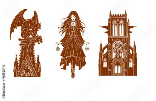 Goth Girl with Stone Gargoyle Silhouette Sticker, Cemetery Ritual Aesthetic Vector, Traditional Gothic Architecture Illustration