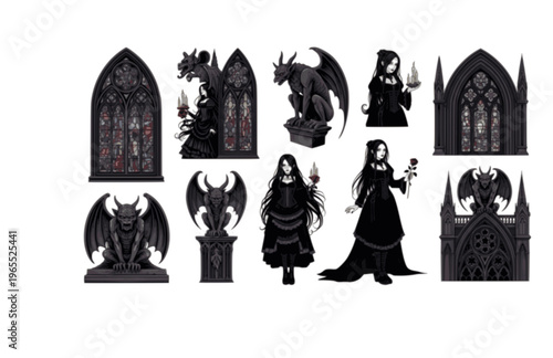 Goth Girl with Stone Gargoyle Silhouette Sticker, Cemetery Ritual Aesthetic Vector, Traditional Gothic Architecture Illustration