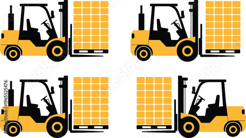 Set of Four Flat Vector Icons Showing Yellow Forklift Trucks Carrying Large Rectangular Boxes