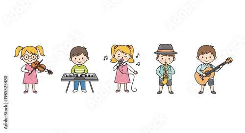 A colorful illustration depicting children playing various musical instruments