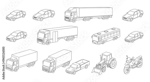Set of Isometric Transportation Vehicle Line Art Icons: Car, Truck, Bus, Tractor, and Motorcycle Vector Outlines