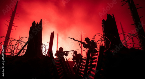 Soldier Silhouettes in a Battlefield Trench Under a Red Sky - Cinematic Historical War Scene