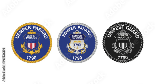 Set of United States Coast Guard Inspired Nautical Emblems and Military Seals with Anchors and Shields