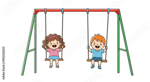 Two children happily swinging on a playground swing set outdoors