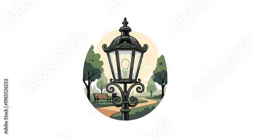 Ornate lamppost illuminates a park path with trees, bench, and subtle sky