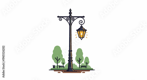 Ornate lamppost illuminates a serene park scene with trees and benches
