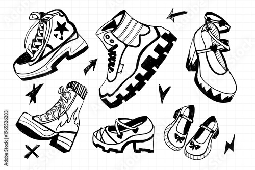 Alternative footwear doodle set. Hand drawn collection of platform boots, chunky sneakers, and Mary Jane shoes in emo, goth, and e-girl aesthetic. Black line art isolated