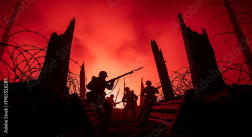 Soldier Silhouettes in a Battlefield Trench Under a Fiery Red Sky - Dramatic World War Military Scene