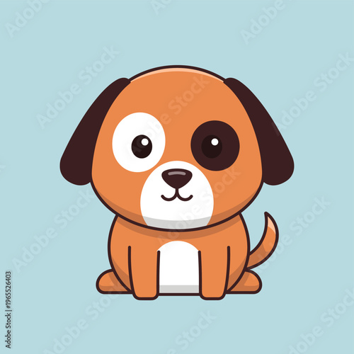 Cute cartoon puppy with brown fur and distinctive eye patches sitting on a light blue background, rendered in a simple, friendly style.