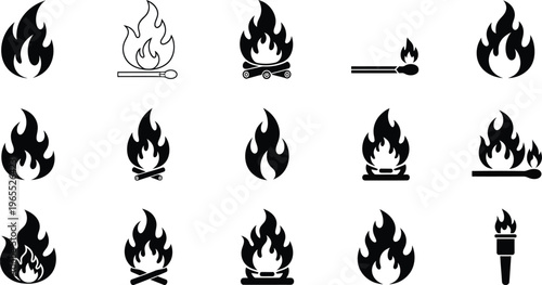 Black Fire Flames Icons Set on White Background