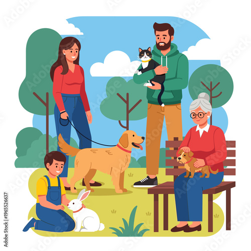 A multi-generational family enjoying a sunny day in the park with their diverse collection of beloved pets including dogs, a cat, and a rabbit.