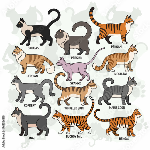 A comprehensive illustration showcasing a diverse collection of cat breeds, each with unique markings and physical characteristics.