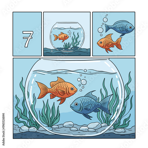 A comic strip showing the progression of two fish, one orange and one blue, in a fishbowl, from separate panels to a larger, combined view.