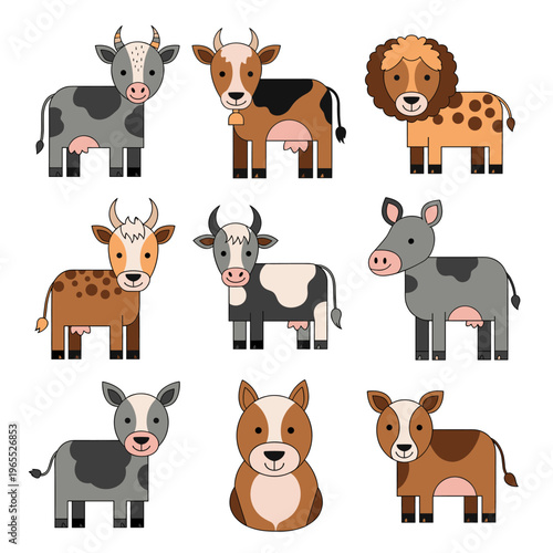 A charming collection of nine cartoon farm animals, including cows, a bull, and a lion, each with a unique color pattern and friendly expression.