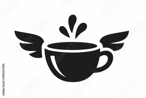 A winged coffee cup with splash detail suggests speed, freedom and instant energy, making it ideal for cafe branding, delivery apps, fast service, and uplifting drink concepts.