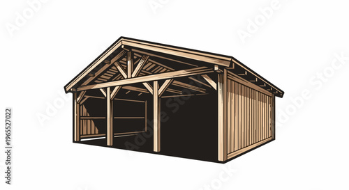 Open-sided wooden structure with a gabled roof and exposed beam framing