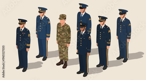 Isometric Soldiers in Formal Blue Dress Uniforms and Camouflage Fatigues Standing in Formation, Military Personnel Illustration for Recruitment and Veterans Day