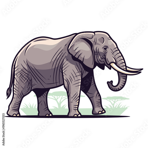 A detailed cartoon illustration of a large grey elephant with tusks and a trunk, walking across a savanna-like landscape with sparse trees.