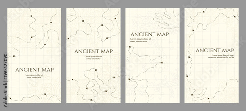 Vector illustration. A set of vertical backgrounds of ancient topographic maps with contour lines, grid, and dotted treasure paths. Elegant beige aesthetic design for stories, flyers, leaflets.