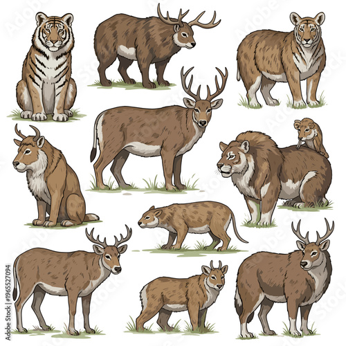 Collection of various illustrated wild animals including tigers, lions, and different species of deer and deer-like creatures.