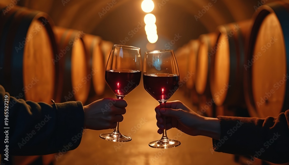 Fototapeta premium People clink glasses filled with red wine in dark cellar with aged oak barrels. Warm lights illuminate cozy atmosphere for tasting and celebration. Enjoying fine drink and friendship.