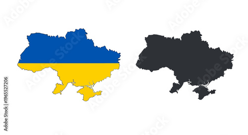 Map of Ukraine with National Flag Colors and Black Silhouette Outline, Isolated on White