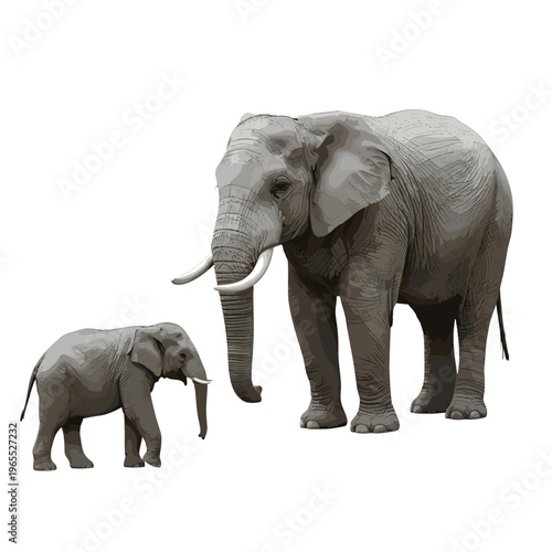 A large adult African elephant stands next to a much smaller baby elephant, both depicted against a stark white background.