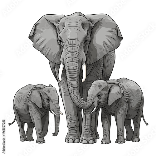 A majestic adult elephant stands protectively between two smaller elephants, showcasing a heartwarming family bond in a detailed illustration.