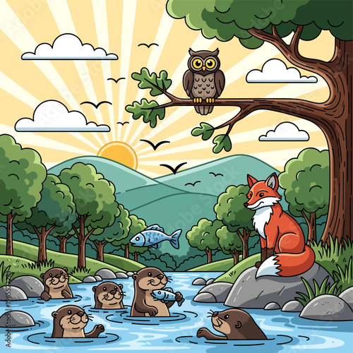 A vibrant cartoon illustration depicts a serene forest scene with a river, mountains, and a sunrise, featuring playful otters, a watchful owl, and a cunning fox.