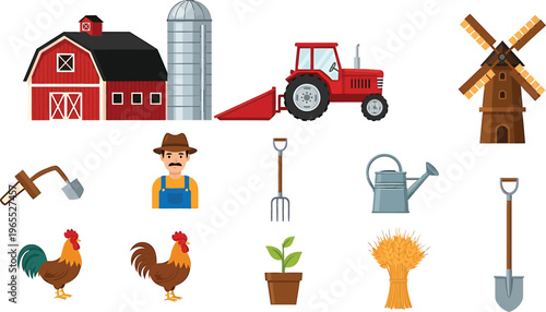 Farmer Tools Tractor Farm Animals