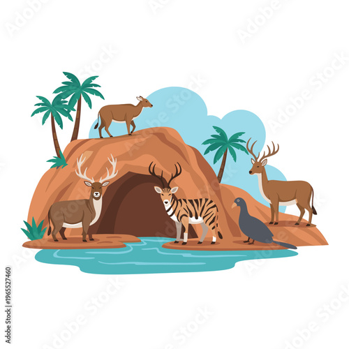 Cartoon illustration of various wild animals including deer, a tiger, and a bird near a cave, water, and palm trees in a natural habitat.