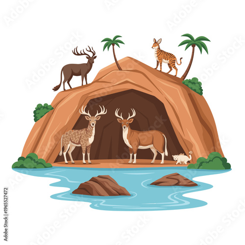 Various deer species gathered around a cave entrance by a tranquil blue lake with palm trees and rocks, depicting a serene wildlife habitat.