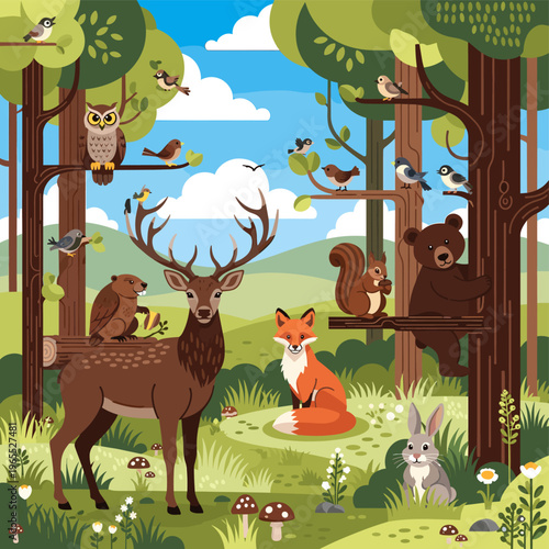 A vibrant illustration of a diverse forest ecosystem with various wild animals including a majestic deer, a cunning fox, a playful bear, and many birds perched on trees.