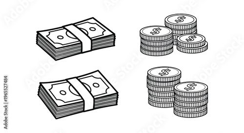 Vector graphic illustration of stacks of money and coins in a simple line design style