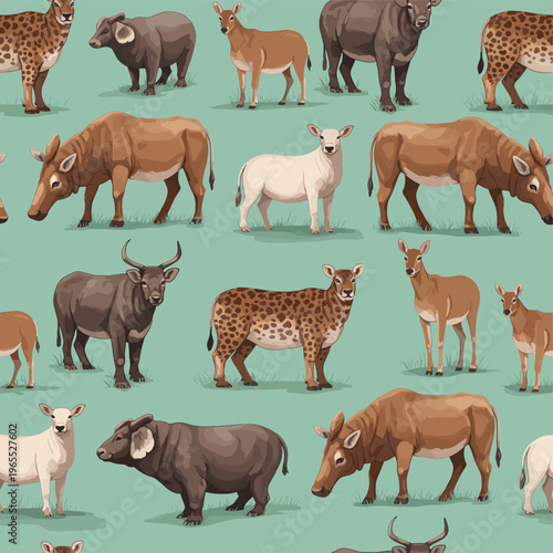 A vibrant and detailed illustration showcasing a diverse collection of wild and domesticated animals in various poses against a teal background.