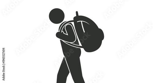 Person carrying a large backpack and walking with a round object floating above their head outside