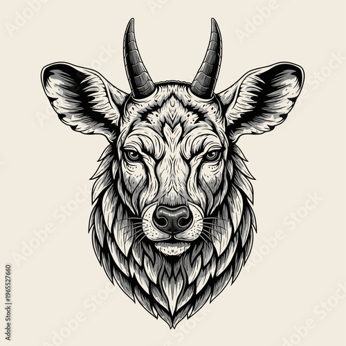 Intricate black and white illustration of a majestic deer head with detailed fur and sharp horns, presented in a striking, artistic style.