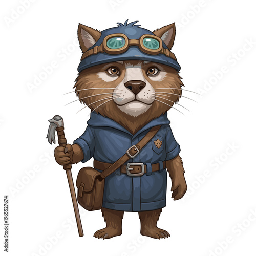 A charming anthropomorphic cat dressed as an adventurer or explorer, holding a walking stick and wearing goggles and a blue uniform.