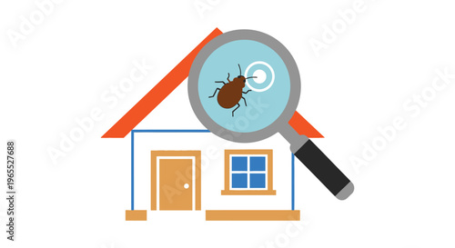 Vector graphic illustration of a magnifying glass inspecting a house for a bug infestation problem closely