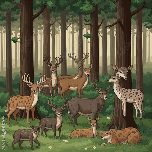 A serene forest scene featuring a diverse herd of deer, including bucks with impressive antlers and spotted fawns, peacefully coexisting amidst lush greenery and tall trees.