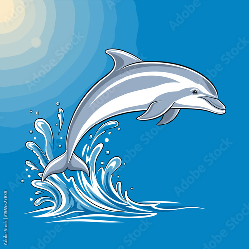 A vibrant illustration of a dolphin leaping gracefully out of the blue ocean water with a bright sun in the background, showcasing dynamic motion.