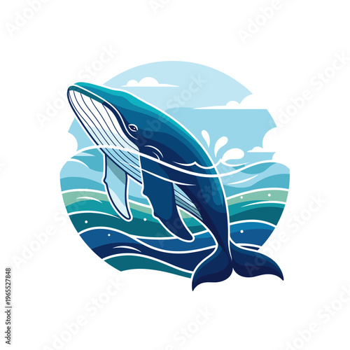 Stylized illustration of a majestic blue whale breaching from the ocean waves under a clear sky, showcasing marine life and aquatic beauty.