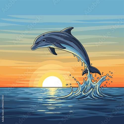A majestic dolphin leaps gracefully from the ocean waves against a vibrant sunset sky, creating a beautiful splash.