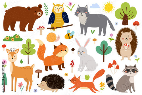 Adorable forest animals collection in cartoon style for kids. Cute woodland characters set for children and baby design. Fox, bear, wolf, deer and more. Great for apparel, stickers, prints. Vector