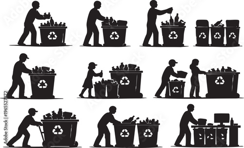 Recycling Activities Collection with People Sorting Waste Bins Vector Silhouette Set