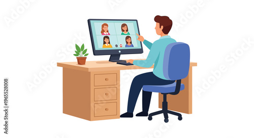 Man in a blue shirt attending a virtual meeting on his computer at a wooden desk
