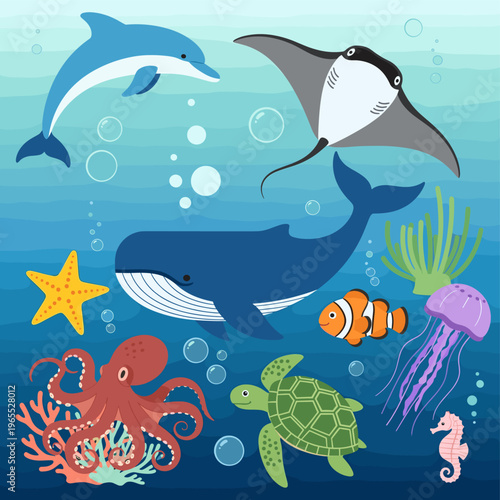 A vibrant underwater scene teeming with diverse marine life, including a dolphin, whale, octopus, sea turtle, jellyfish, starfish, seahorse, clownfish, manta ray, and coral.
