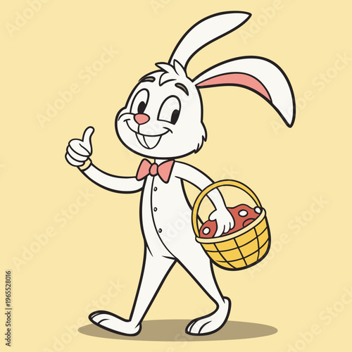 easter bunny with easter egg. Full body easter bunny mascot costume character standing on yellow background giving thumbs up cheerful pose for easter celebration and children events. 