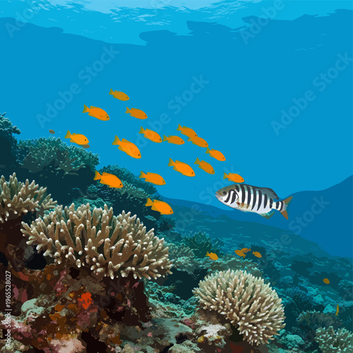 A vibrant coral reef teeming with life, featuring a school of small orange fish and a larger striped fish swimming in clear blue ocean water.
