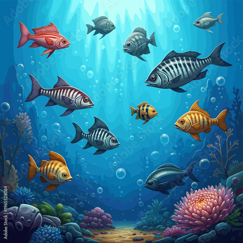 A vibrant underwater scene teeming with diverse fish species swimming among colorful coral reefs and aquatic plants, illuminated by shafts of sunlight filtering through the blue water.